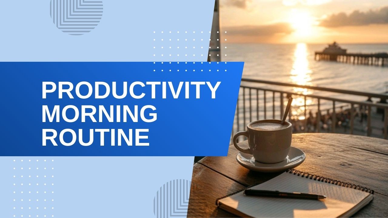 A thumbnail featuring the text "Productivity Morning Routine" next to a cup of coffee and a notebook on a wooden table at sunrise.