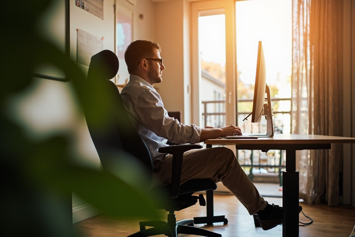 Person working at ergonomic home office desk with proper upright posture, monitor at eye level