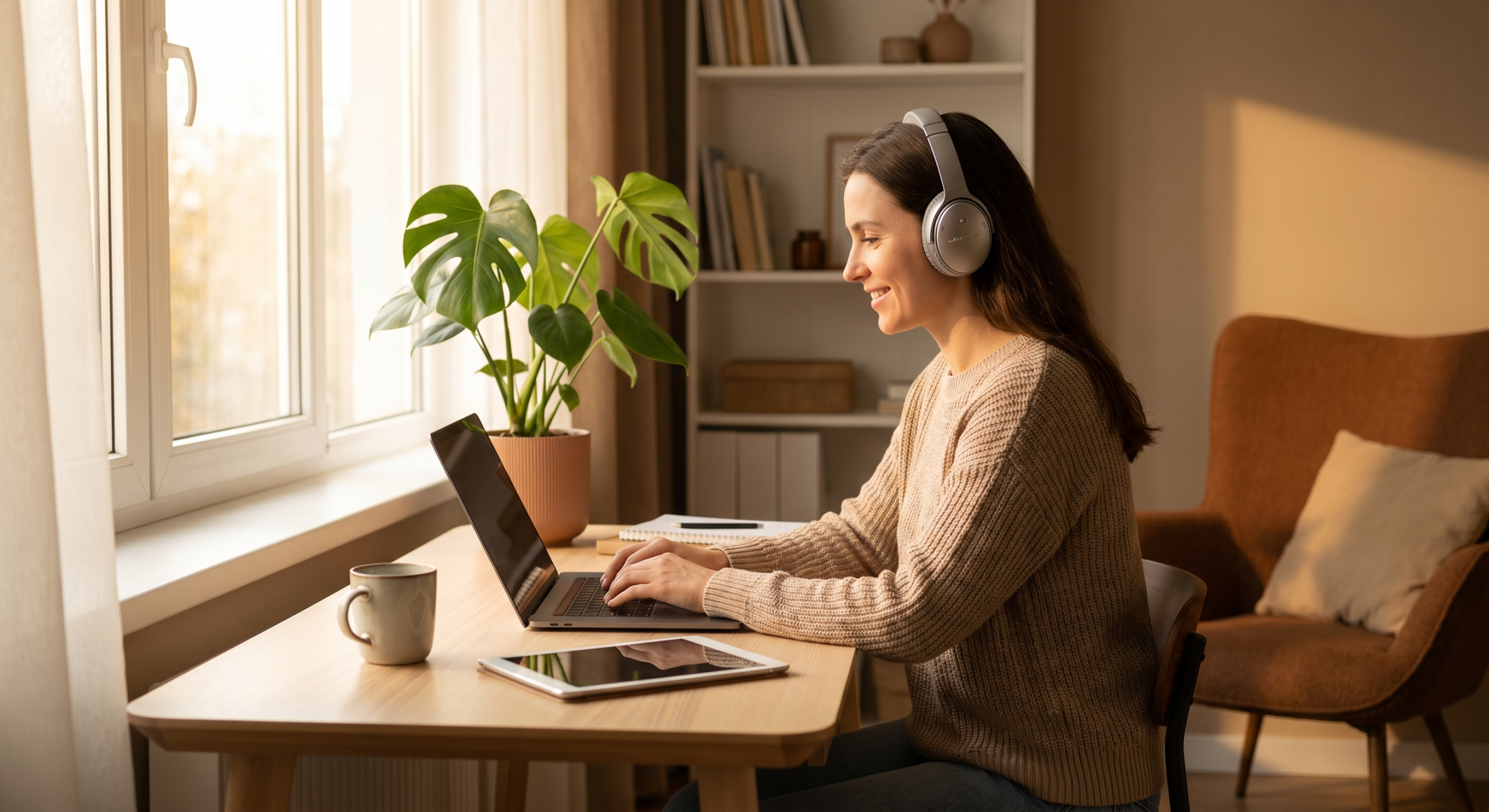 Professional remote worker wearing noise-canceling headphones in modern home office workspace