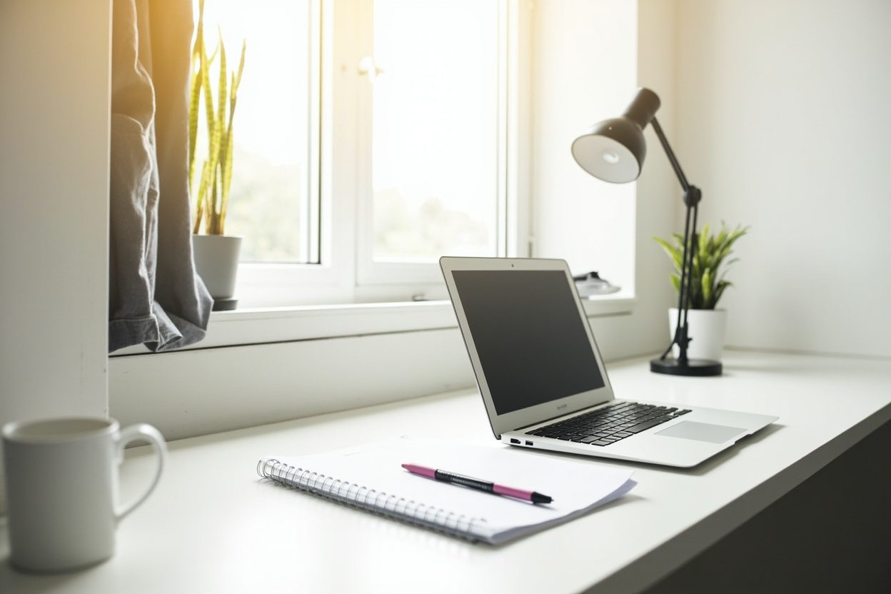 Clean minimalist organized home office desk with laptop, plants, and stationery for productivity