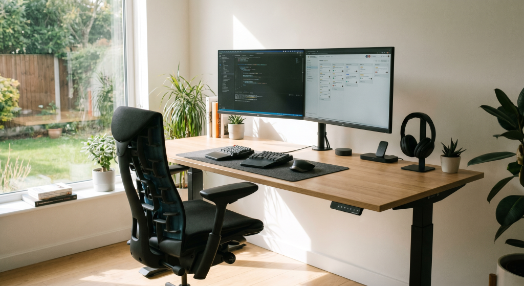 Home office setup with ergonomic chair and desk