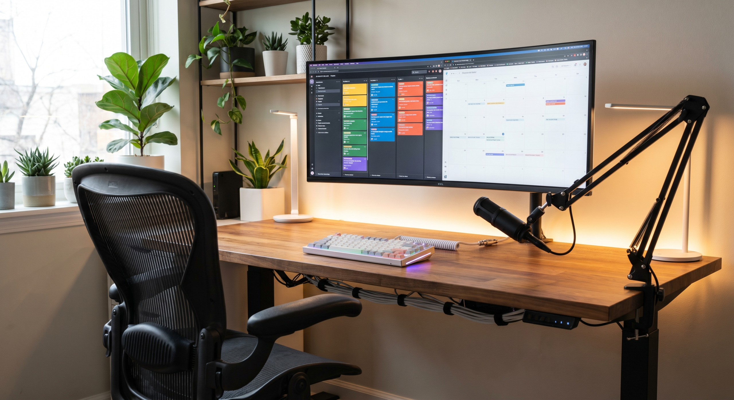 best remote work productivity gear 2026 home office setup with ultrawide monitor ergonomic chair and microphone