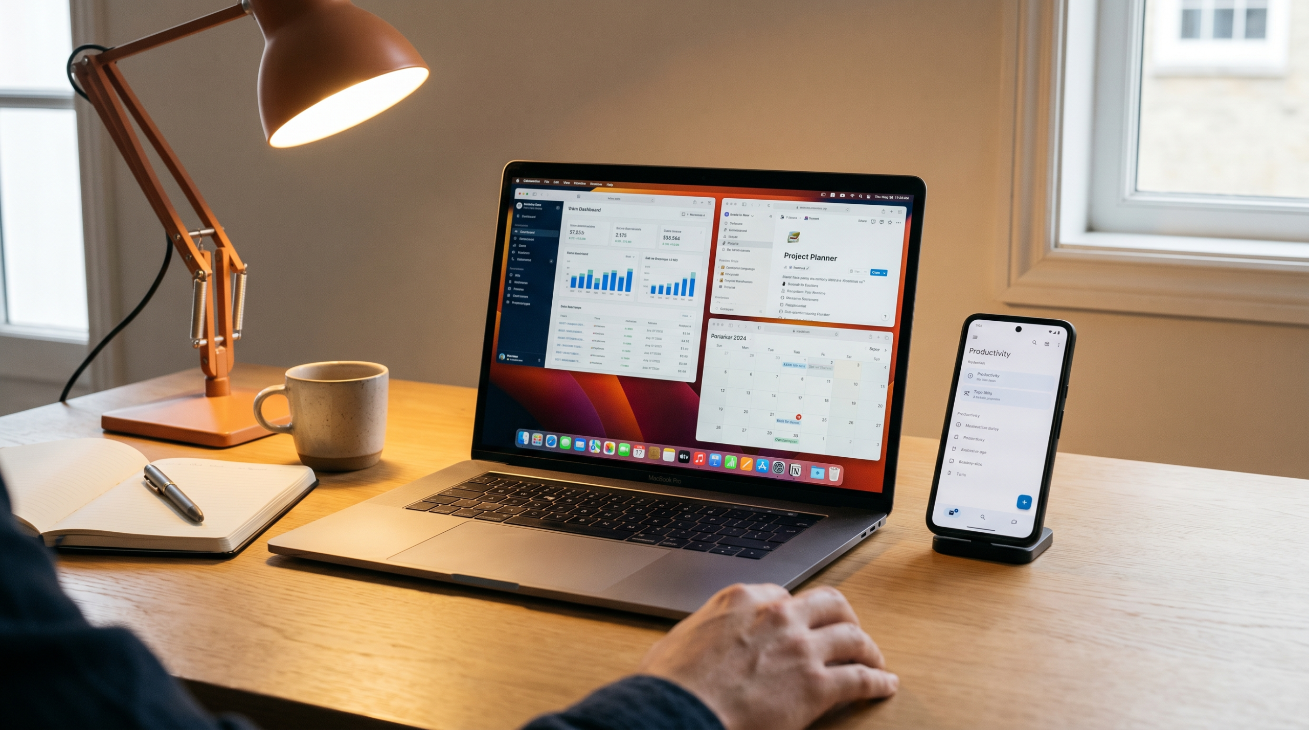 Remote worker desk setup with AI productivity tools on laptop, modern home office workspace