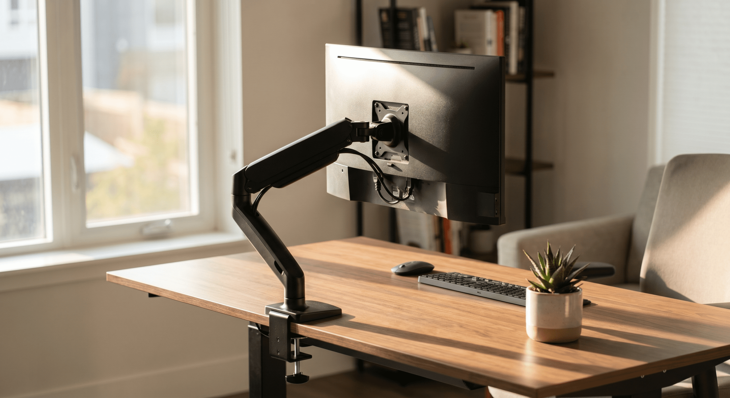Best monitor arms for home office in 2026 — a clean desk setup with a monitor mounted on a gas spring arm, natural window light, modern minimalist workspace