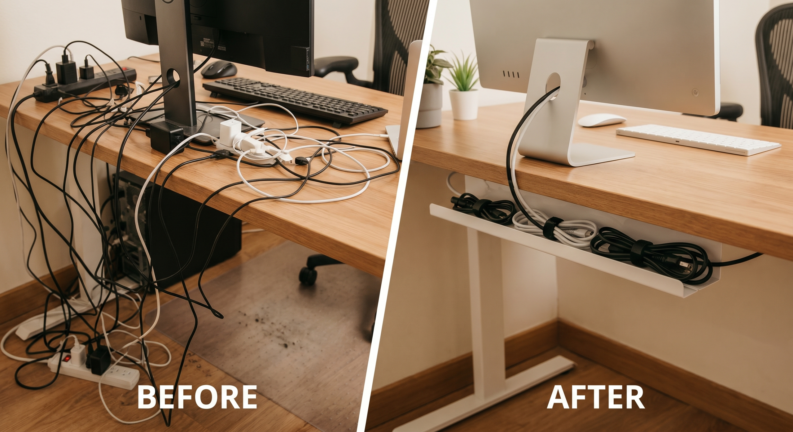 Before and after comparison of home office desk cable management - messy tangled cables vs clean organized setup