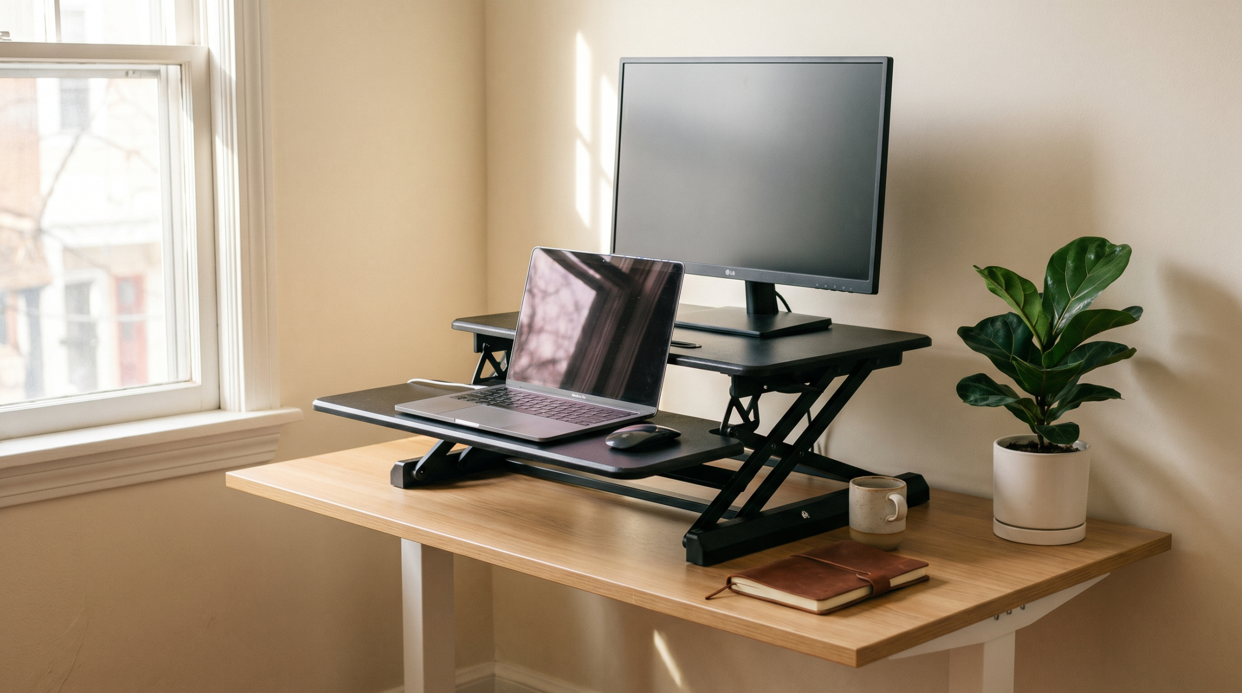 Budget standing desk converter in a home office with laptop and monitor setup, natural lighting