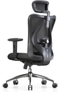 Rear view of a black mesh ergonomic chair with an adjustable headrest and lumbar support dial.
