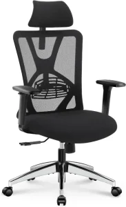 Front view of a high-back black mesh ergonomic chair featuring a chrome base and adjustable armrests.