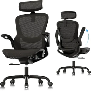 Front and rear views of a black mesh ergonomic chair showcasing 90-degree flip-up armrests.