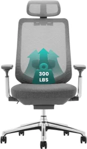 Front view of a grey mesh ergonomic chair with a graphic indicating a 300 lbs weight capacity and breathable airflow.