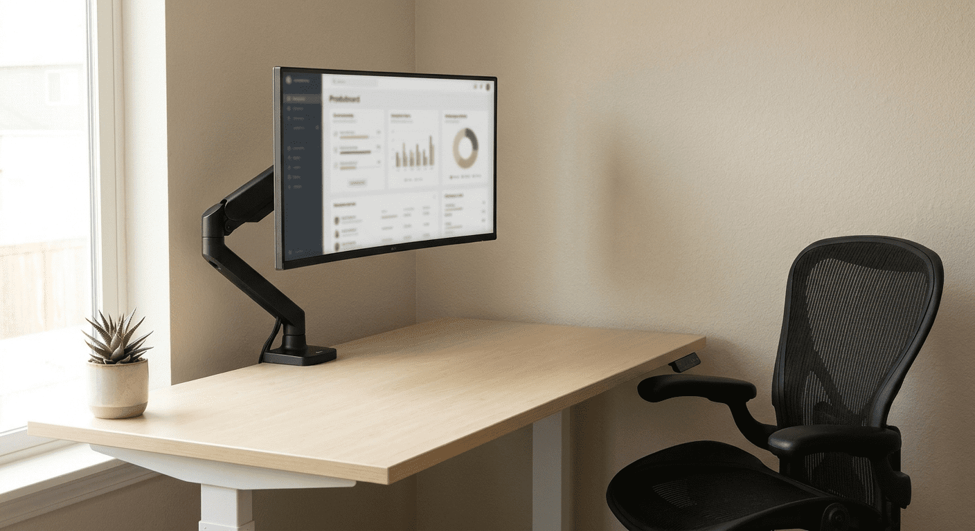 Black gas-spring monitor arm on standing desk with mesh ergonomic chair and natural window light - how to choose a monitor arm for home office
