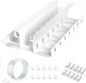 White under-desk trays and adhesive clips for desk cable management.