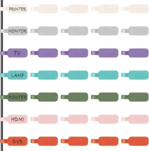 Multi-colored identification tags labeled for printer, monitor, and TV cable management.