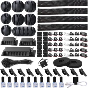 A comprehensive cable management kit featuring sleeves, zip ties, clips, and fasteners.
