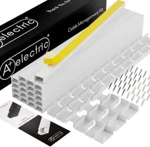 A white on-wall raceway kit with channels and connectors for TV cable management.