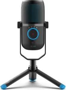JLab Talk USB microphone on a tripod stand with blue LED indicator ring.
