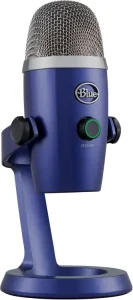 Blue Yeti Nano USB microphone in satin blue on its desktop stand.