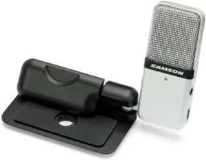 Samson Go Mic portable USB condenser microphone with its laptop clip mount.
