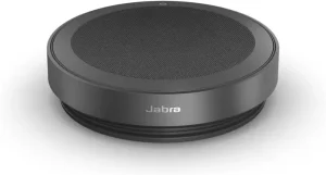 Jabra Speak round conference speakerphone and omnidirectional microphone.