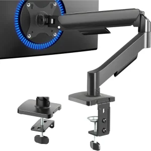 Black adjustable gas spring monitor arm mounted to a desk clamp, showing a VESA mount with blue LED ring light attached to the back of a computer monitor.