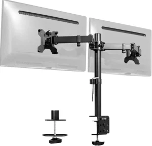 Dual monitor arm desk mount holding two computer screens side-by-side on an adjustable black steel pole with a C-clamp and grommet base option.