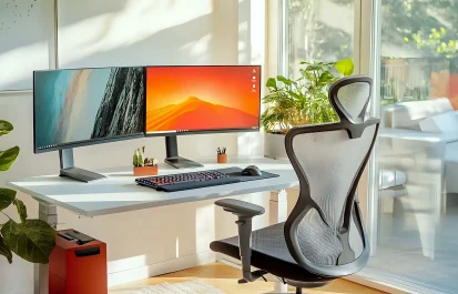 Modern home office setup with a white standing desk, ergonomic chair, dual computer monitors displaying abstract imagery, keyboard, and mouse, situated near a window with natural light.