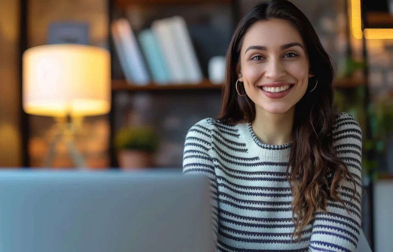 Happy young woman working remotely