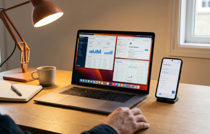 Remote worker desk setup with AI productivity tools on laptop, modern home office workspace