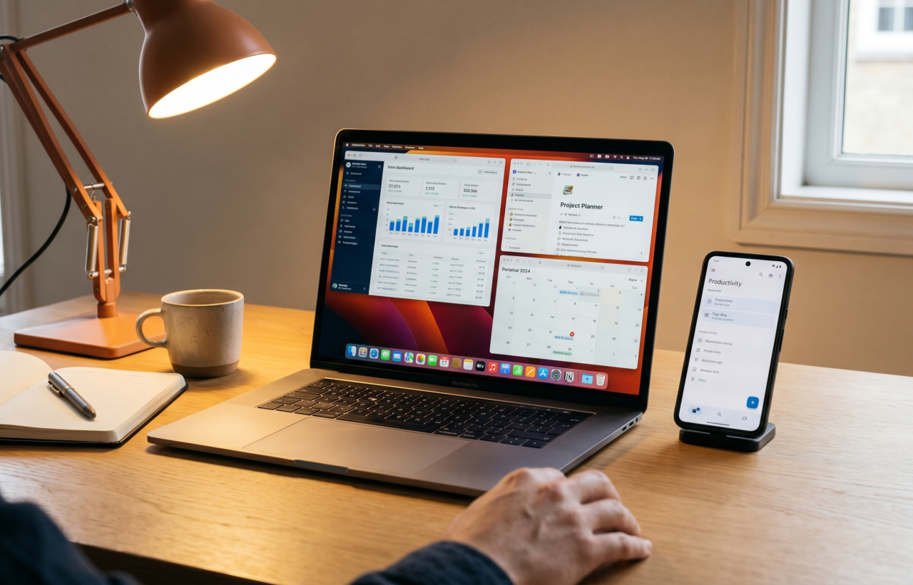 Remote worker desk setup with AI productivity tools on laptop, modern home office workspace