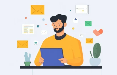 Illustration of a man with a beard wearing a yellow sweater, looking at a tablet surrounded by various digital communication elements like envelopes, documents, and chat bubbles, representing email marketing or online communication.