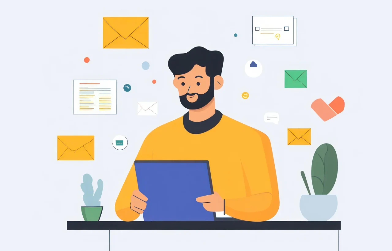 Illustration of a man with a beard wearing a yellow sweater, looking at a tablet surrounded by various digital communication elements like envelopes, documents, and chat bubbles, representing email marketing or online communication.