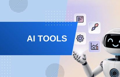 A friendly white AI robot presenting various digital tool icons like settings, analytics, and messaging, with a blue banner reading AI TOOLS.