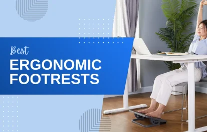 Woman stretching while using a best ergonomic footrest at her office desk.