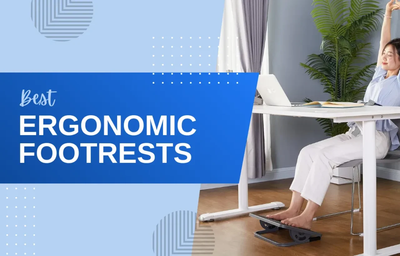 Woman stretching while using a best ergonomic footrest at her office desk.