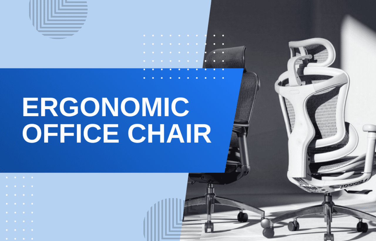 A side-by-side comparison of a black and a white high-back ergonomic office chair with adjustable lumbar support and mesh headrests, featuring a "Ergonomic Office Chair" text overlay.