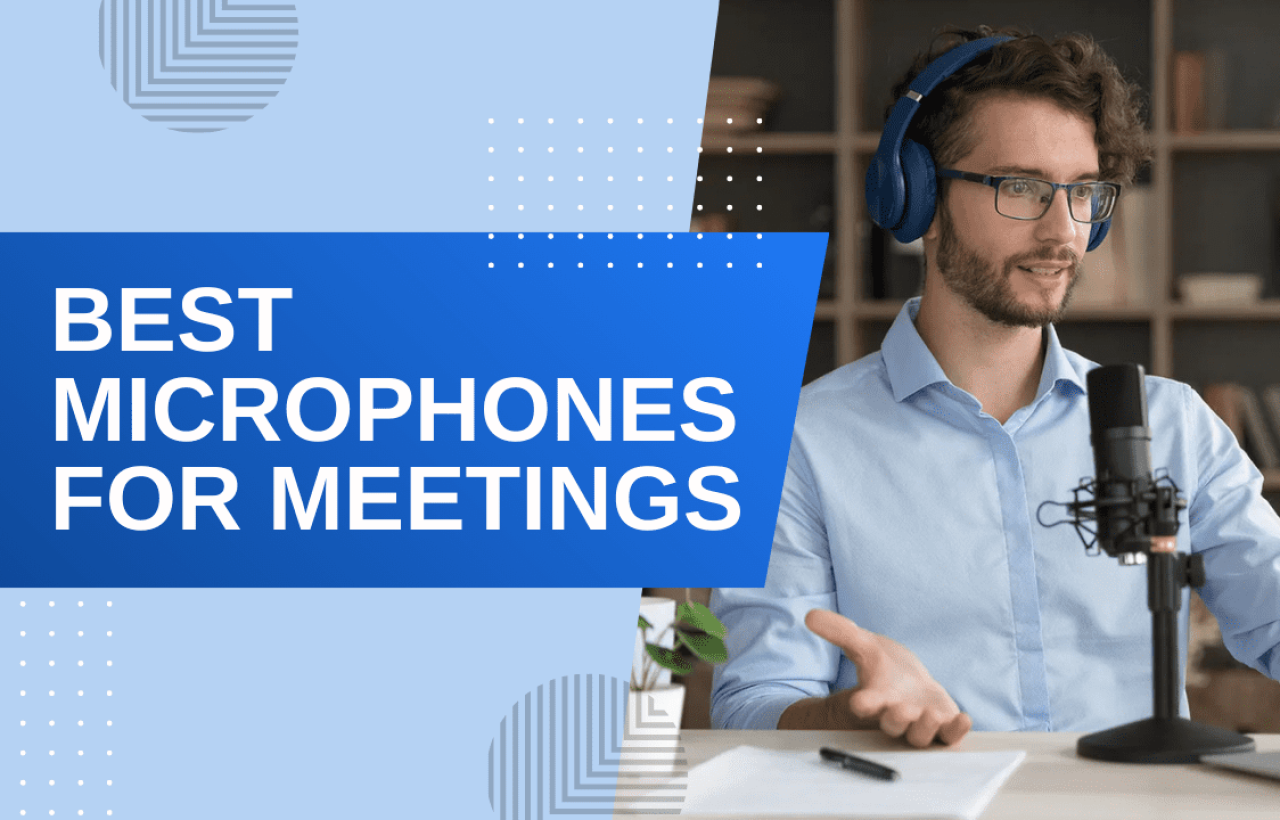 Man wearing blue headphones speaking into a professional desk microphone during a video meeting, with text overlay reading 'BEST MICROPHONES FOR MEETINGS' on a blue graphic background.