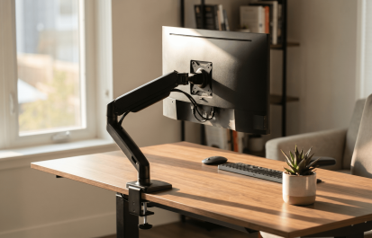Best monitor arms for home office in 2026 — a clean desk setup with a monitor mounted on a gas spring arm, natural window light, modern minimalist workspace