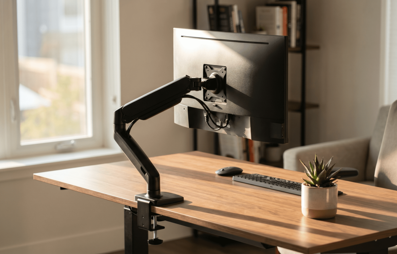 Best monitor arms for home office in 2026 — a clean desk setup with a monitor mounted on a gas spring arm, natural window light, modern minimalist workspace