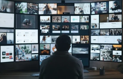 Modern workspace with multiple monitors displaying various software interfaces and social media platforms, representing diverse remote work professions