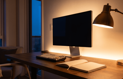 Clean home office desk at dusk with warm ambient lamp light and bias lighting behind the monitor