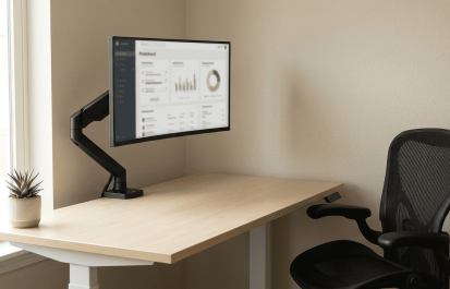 Black gas-spring monitor arm on standing desk with mesh ergonomic chair and natural window light - how to choose a monitor arm for home office
