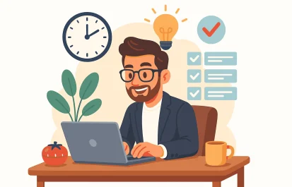 Illustration of a man working at a desk with a laptop, a clock, a lightbulb, and a completed to-do list