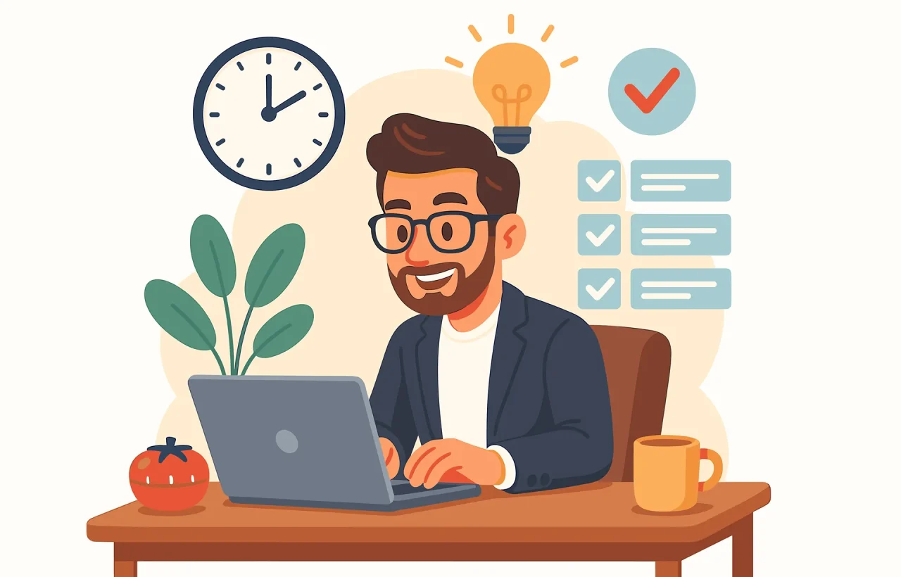 Illustration of a man working at a desk with a laptop, a clock, a lightbulb, and a completed to-do list