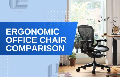 A promotional banner titled "Ergonomic Office Chair Comparison" featuring a black mesh Herman Miller Aeron chair in a bright home office setting.