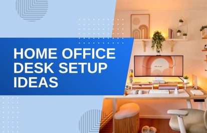 A cozy and modern home office desk setup featuring a curved monitor, warm ambient lighting, wooden shelving with plants, and an ergonomic chair.