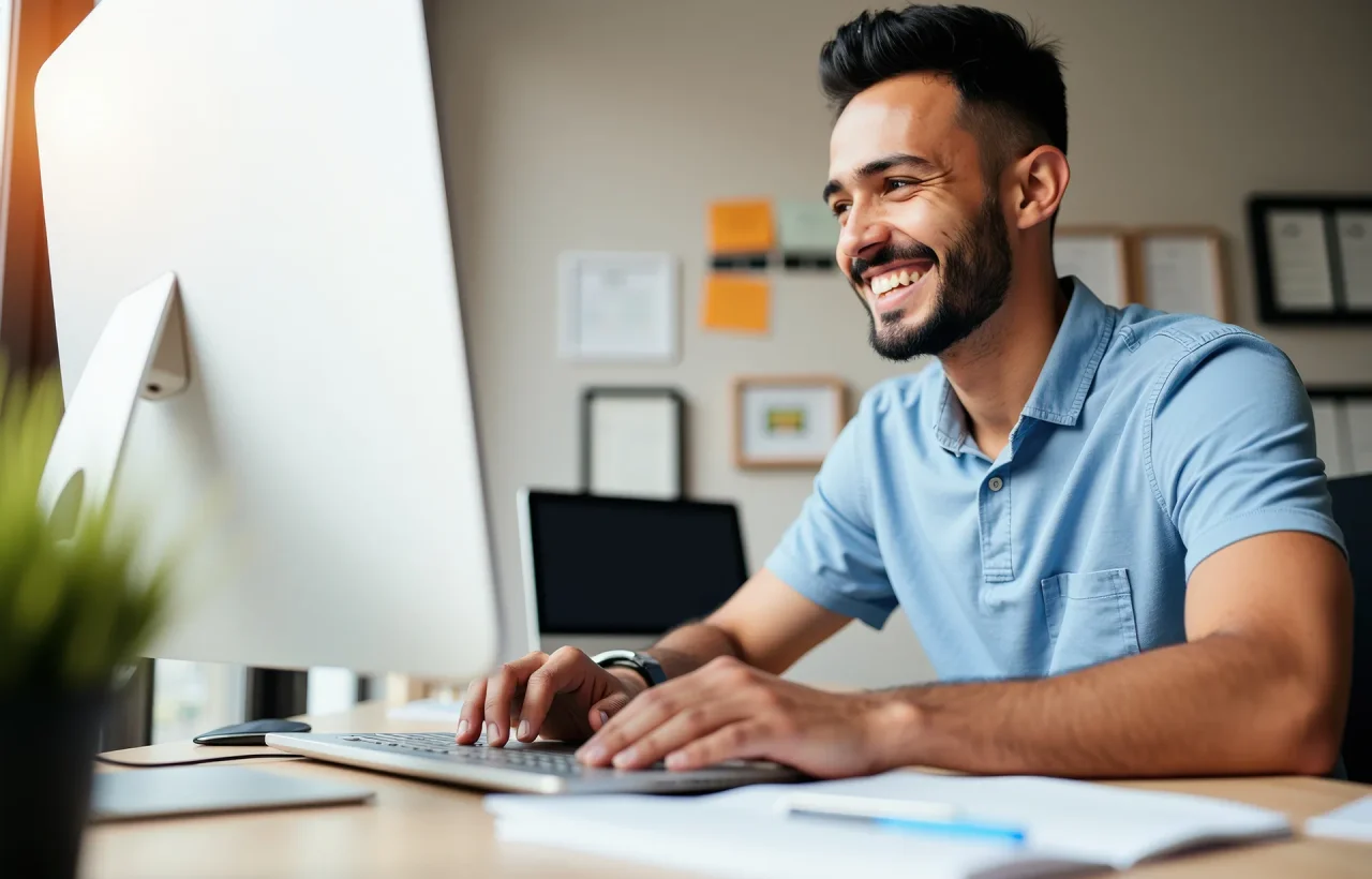 man smiling working on computer