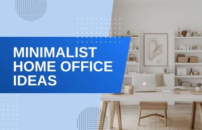 Minimalist home office with a white wooden desk, laptop, and open shelving against a blue graphic background featuring the text Minimalist Home Office Ideas.