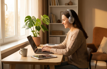 Professional remote worker wearing noise-canceling headphones in modern home office workspace