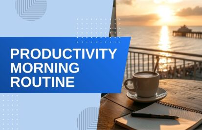 A thumbnail featuring the text "Productivity Morning Routine" next to a cup of coffee and a notebook on a wooden table at sunrise.