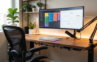 best remote work productivity gear 2026 home office setup with ultrawide monitor ergonomic chair and microphone